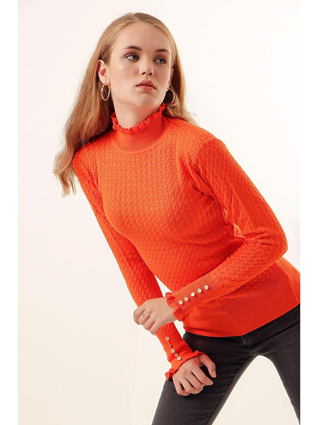 15786 Düğmeli Balıkçı Yaka Kazak - Turuncu-1