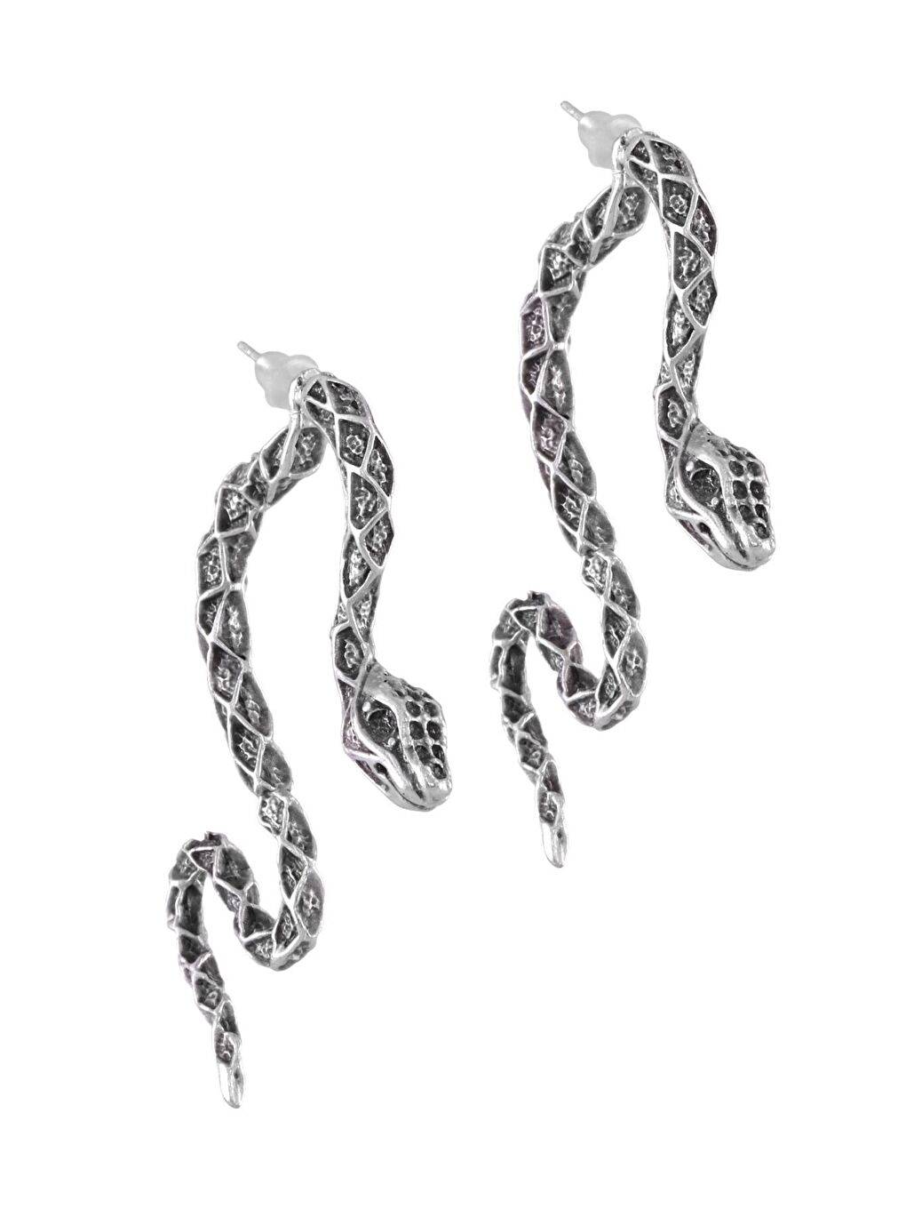 Gri Kadın Antik Gümüş Kaplama Çivili Model Kabartma Baskılı Yılan Küpe