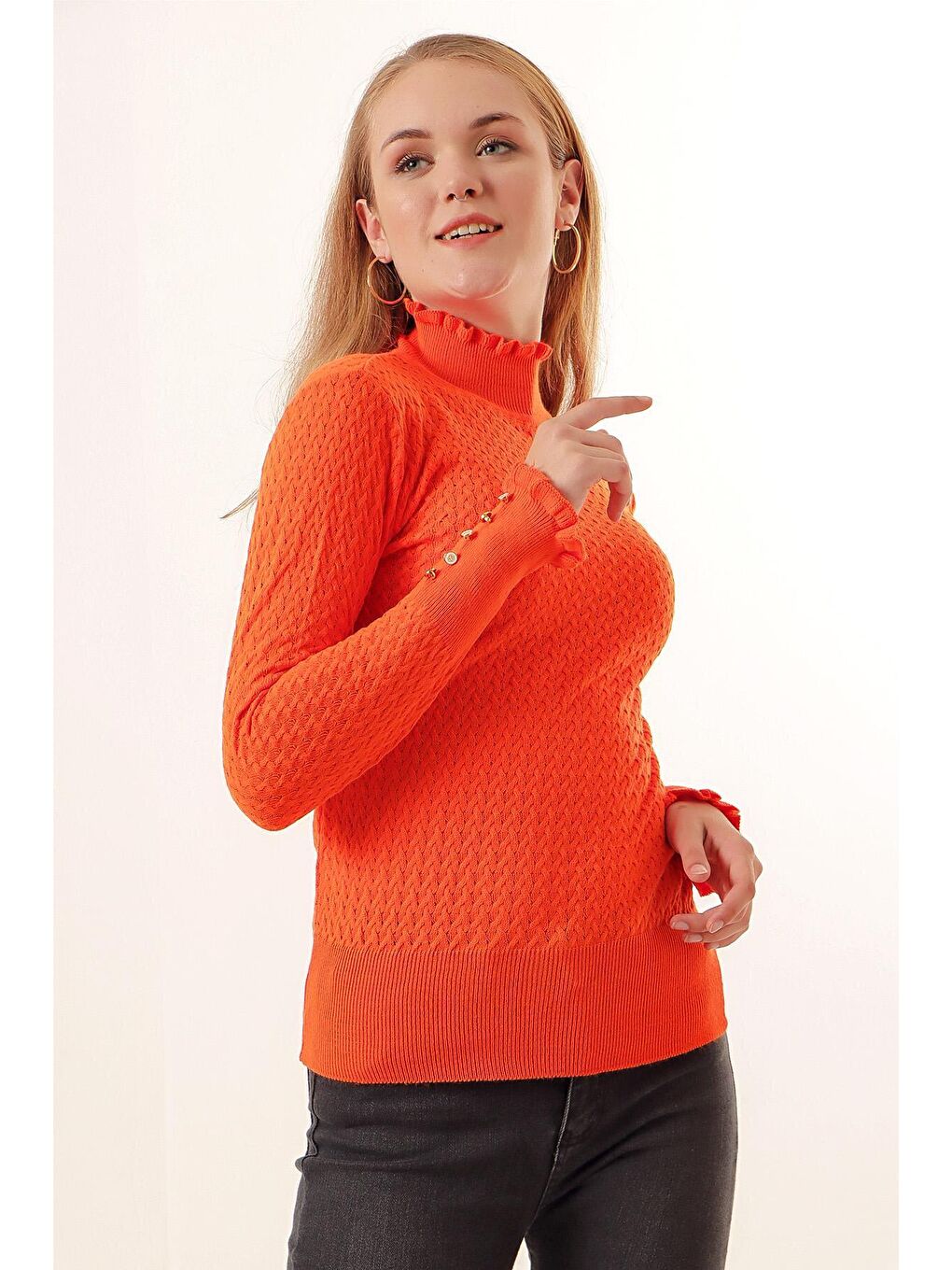 15786 Düğmeli Balıkçı Yaka Kazak - Turuncu-2