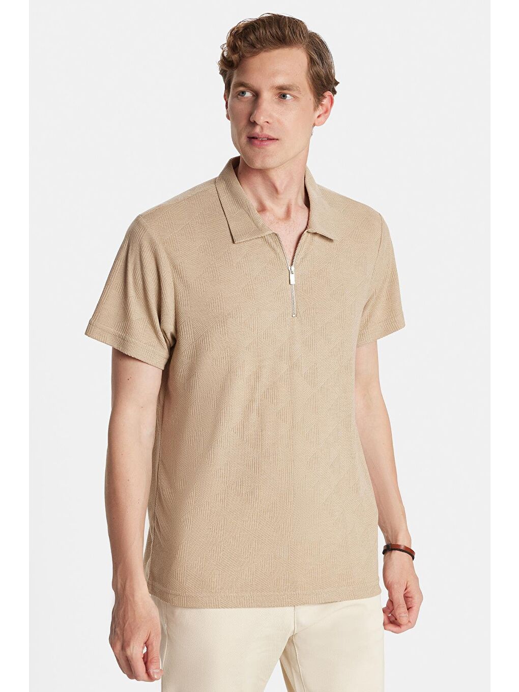 Erkek Slim Fit Dar Kesim Viskon Fermuarlı Polo Yaka Bej Tişört