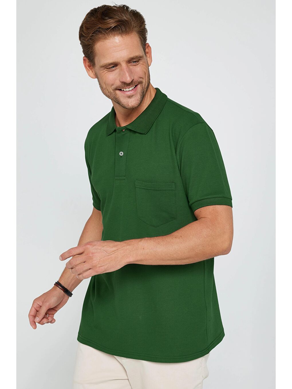 Erkek Regular Fit Klasik Kesim %100 Pamuk Düz Pike Koyu Yeşil Polo Yaka Tişört-1
