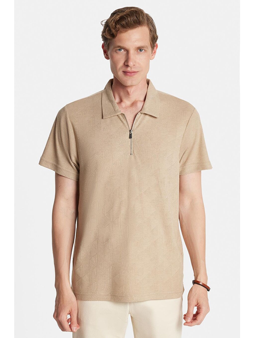 Erkek Slim Fit Dar Kesim Viskon Fermuarlı Polo Yaka Bej Tişört-3
