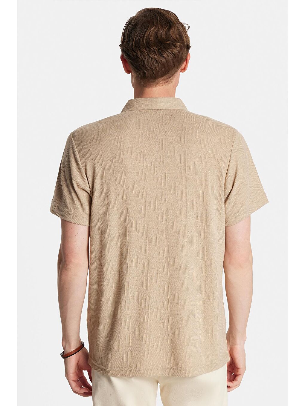 Erkek Slim Fit Dar Kesim Viskon Fermuarlı Polo Yaka Bej Tişört-4