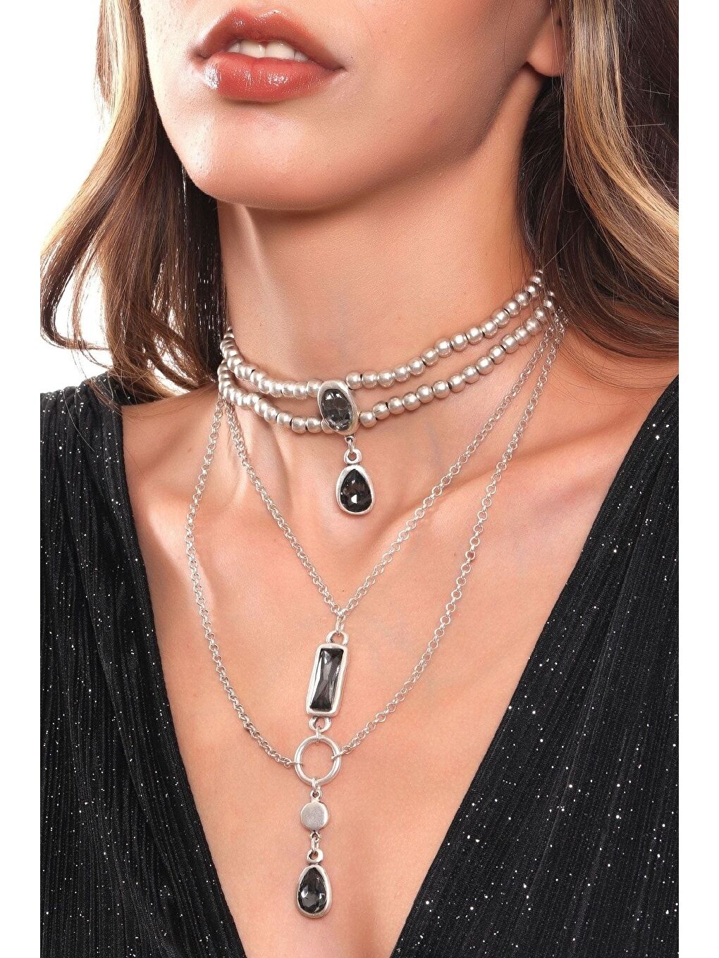 Gri Kadın Antik Gümüş Kaplama Kristal Kesme Taş Detaylı Tasarım Kolye-2