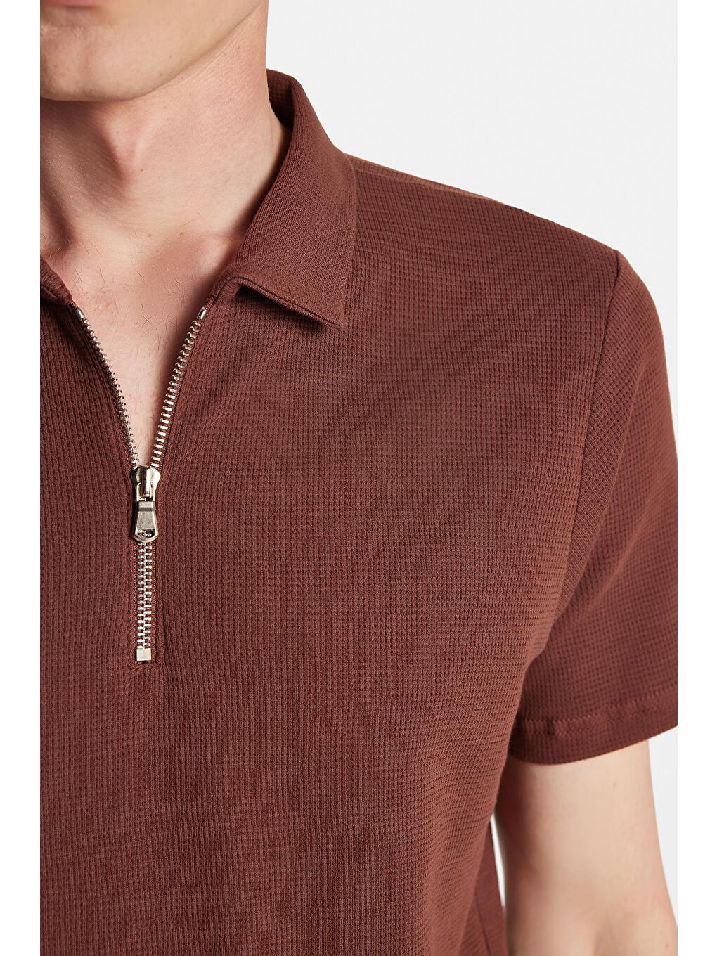 Erkek Slim Fit Dar Kesim %100 Pamuk Fermuarlı Kahverengi Polo Yaka Tişört-2