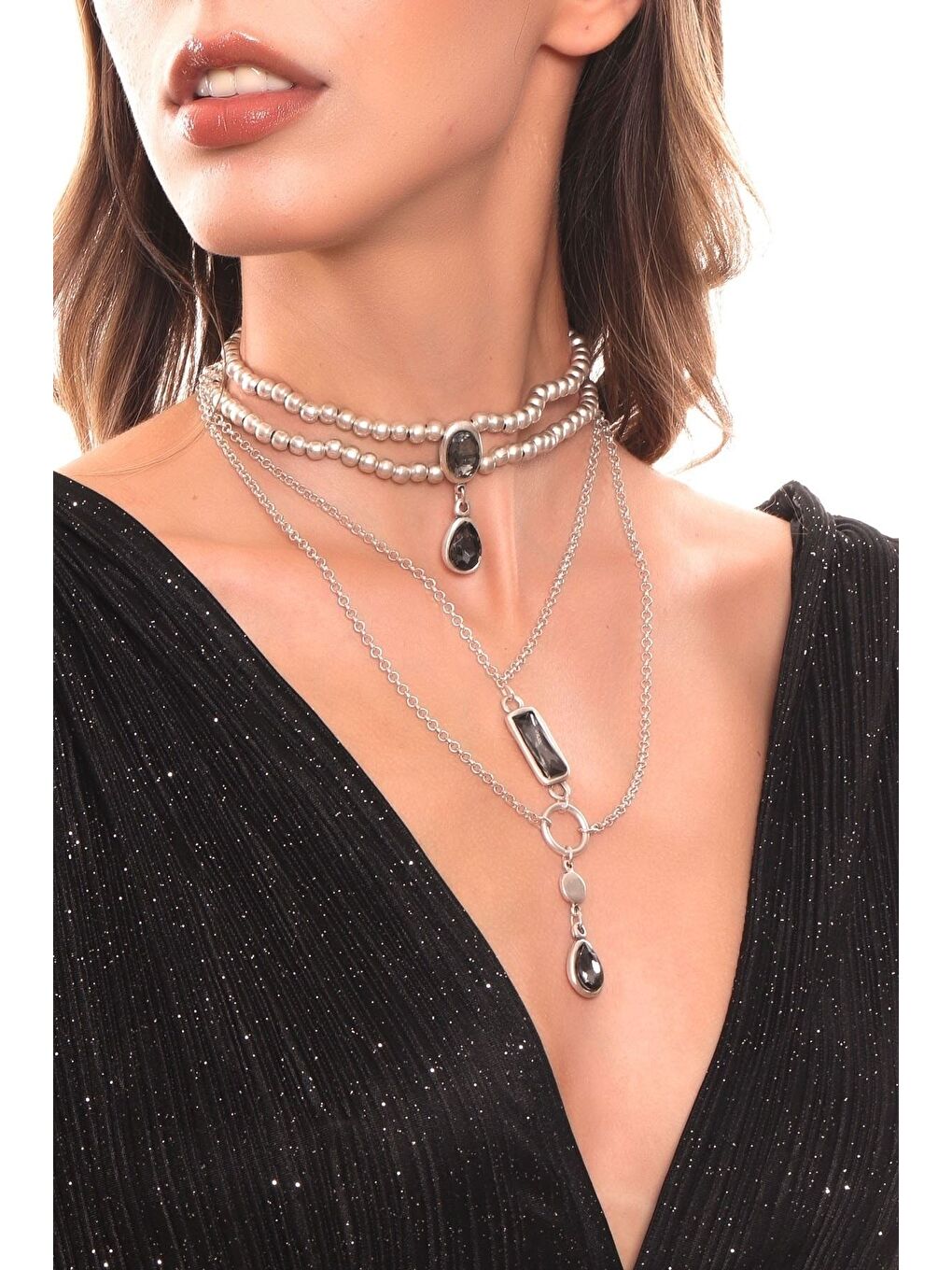 Gri Kadın Antik Gümüş Kaplama Kristal Kesme Taş Detaylı Tasarım Kolye-3