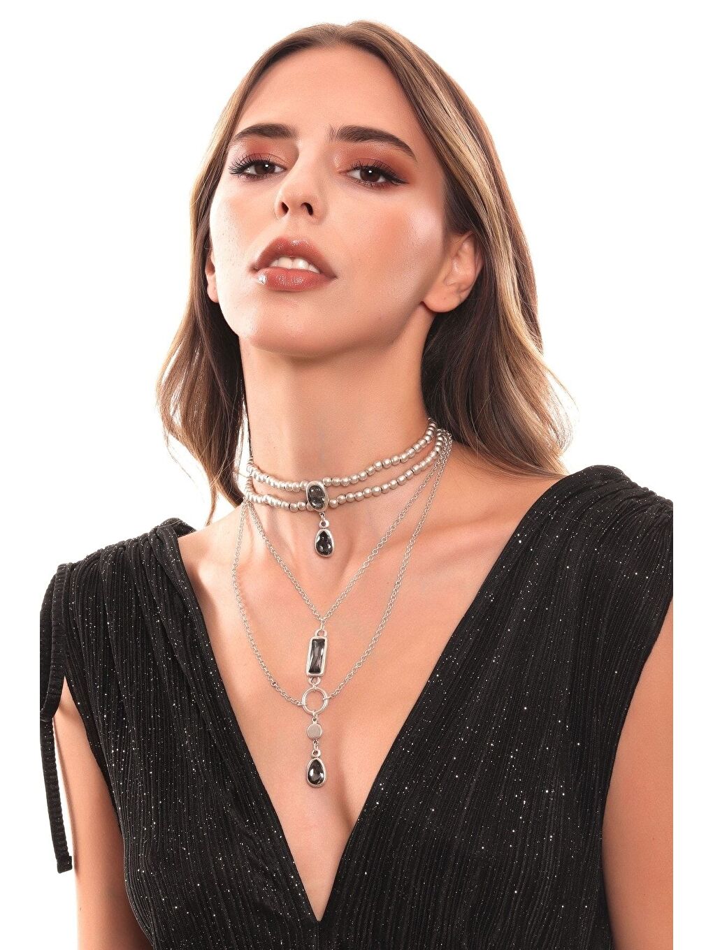 Gri Kadın Antik Gümüş Kaplama Kristal Kesme Taş Detaylı Tasarım Kolye-4