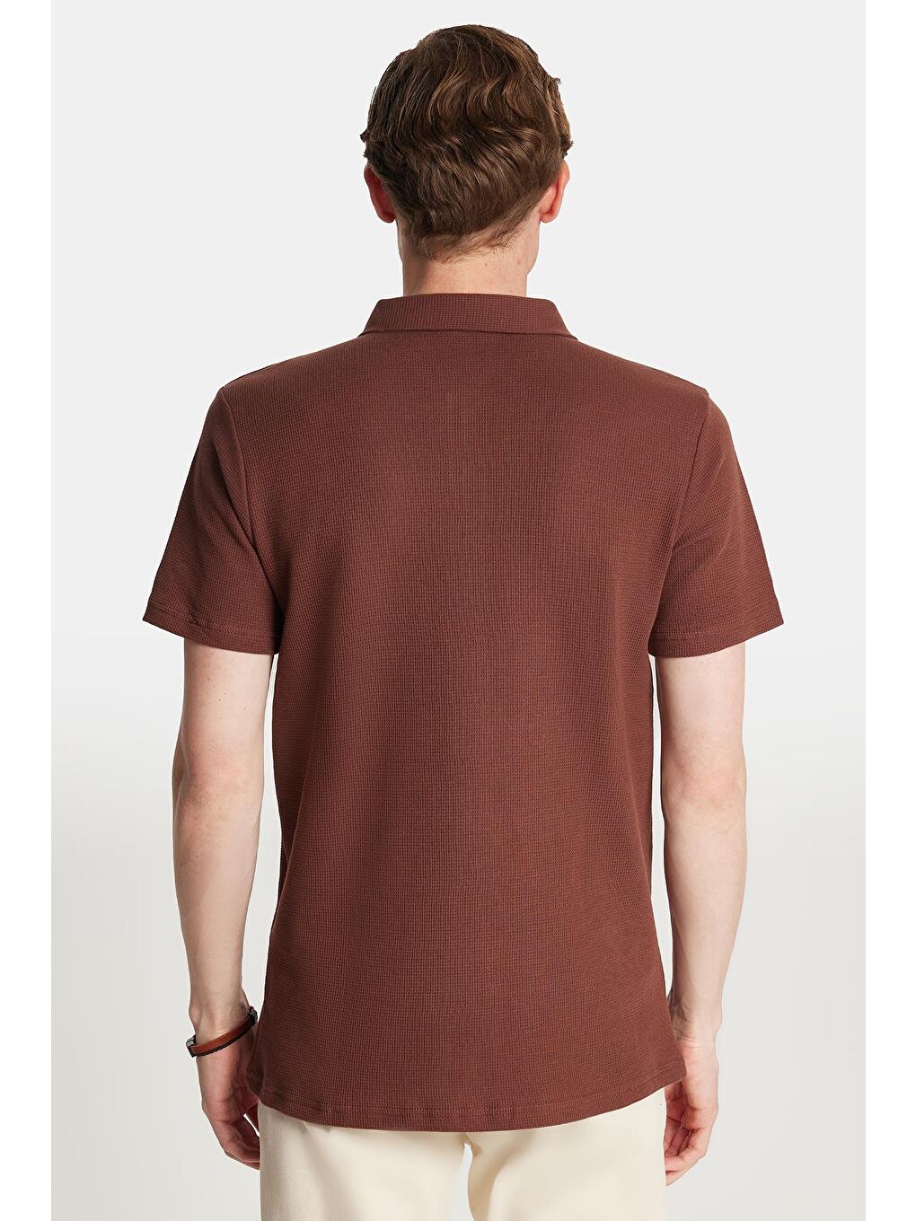 Erkek Slim Fit Dar Kesim %100 Pamuk Fermuarlı Kahverengi Polo Yaka Tişört-4