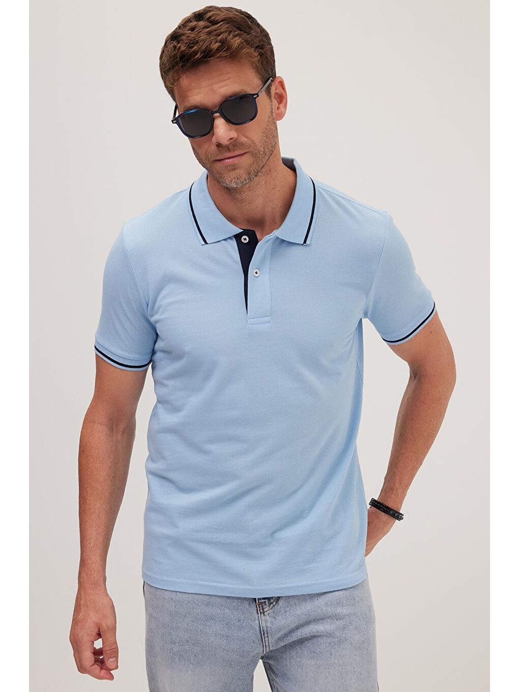 Erkek Slim Fit Dar Kesim %100 Pamuk Yumuşak Dokulu Serin Tutan Kumaş Düz Pike Mavi Polo Yaka Tişört-1