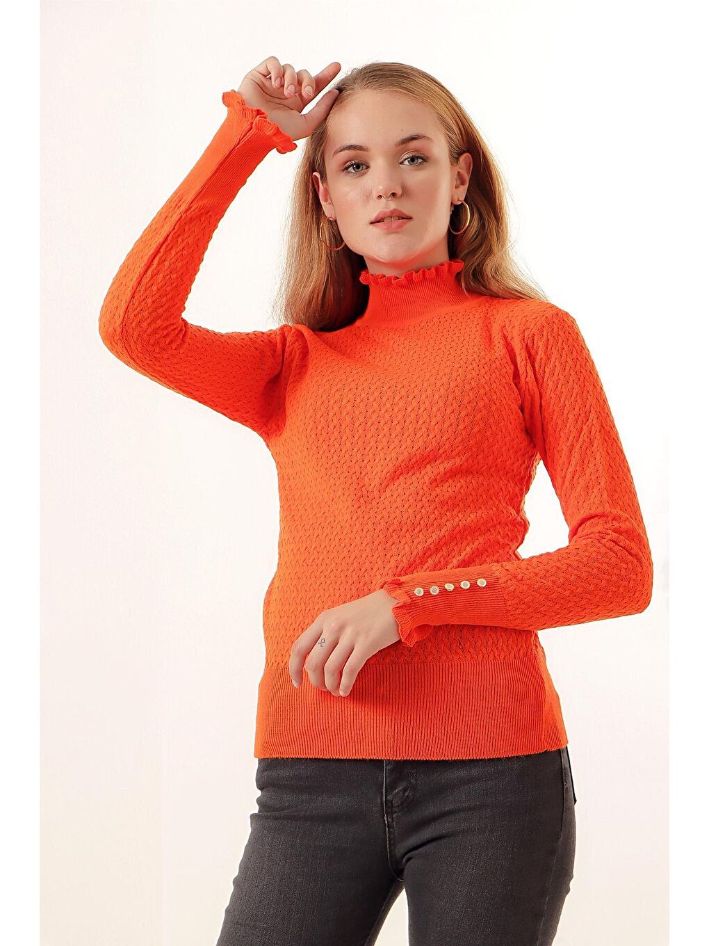 15786 Düğmeli Balıkçı Yaka Kazak - Turuncu-3