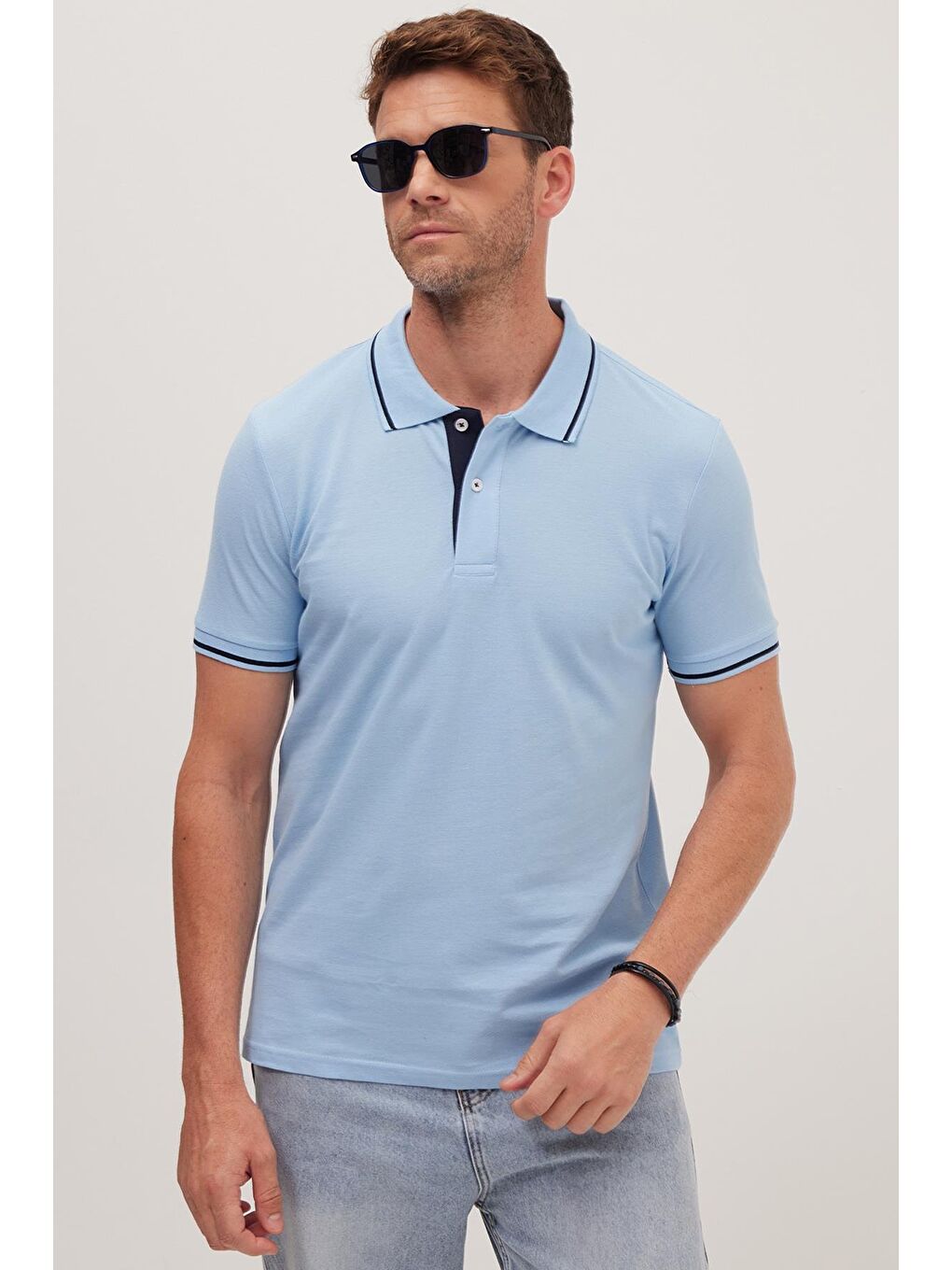 Erkek Slim Fit Dar Kesim %100 Pamuk Yumuşak Dokulu Serin Tutan Kumaş Düz Pike Mavi Polo Yaka Tişört-2