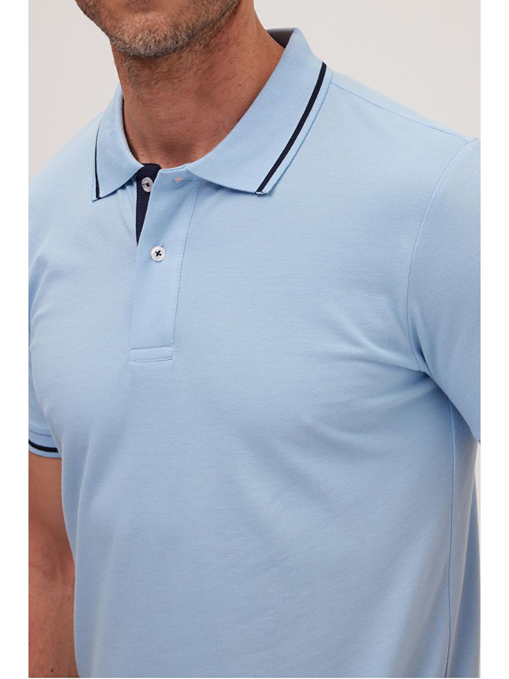 Erkek Slim Fit Dar Kesim %100 Pamuk Yumuşak Dokulu Serin Tutan Kumaş Düz Pike Mavi Polo Yaka Tişört-3