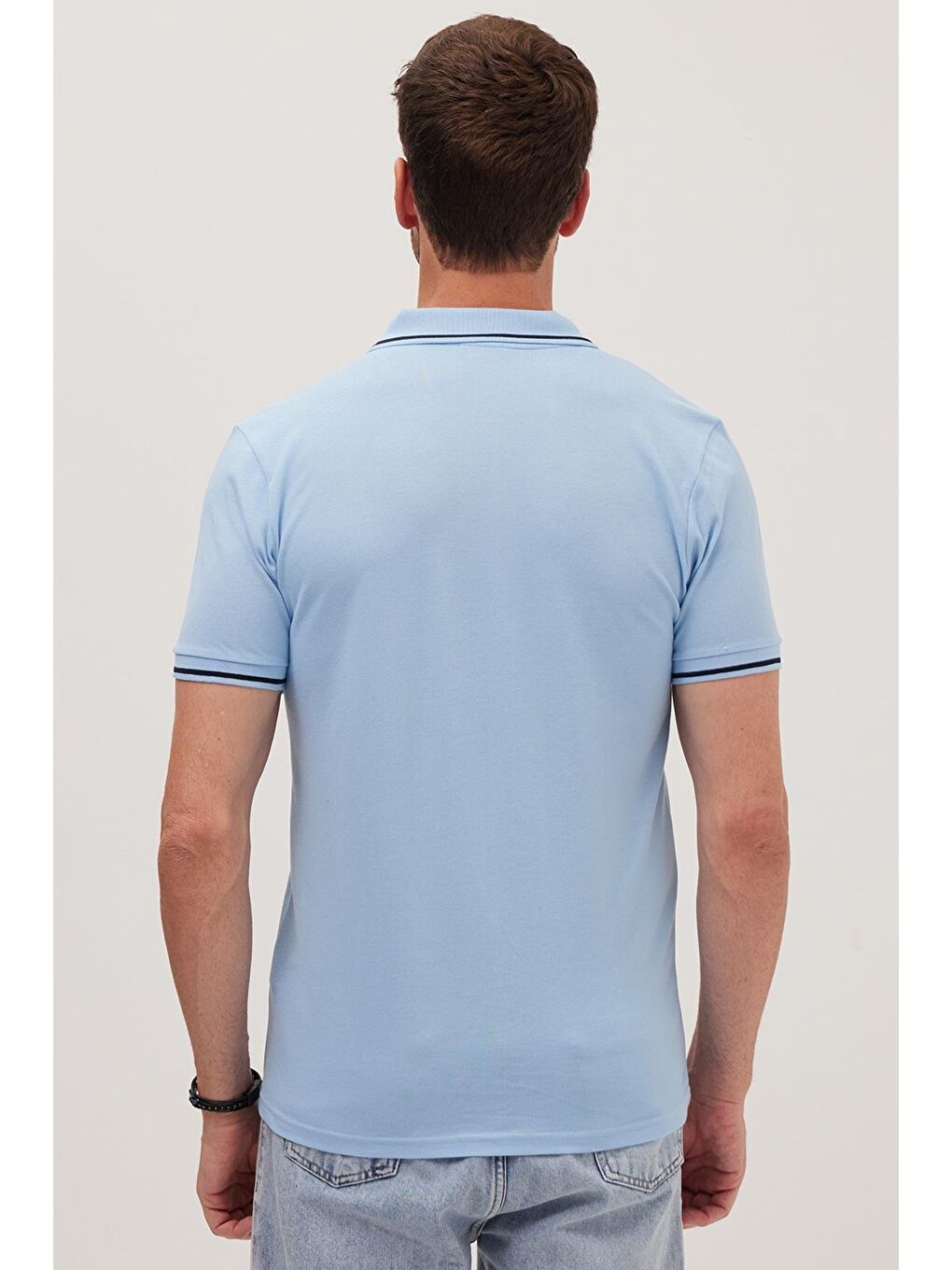 Erkek Slim Fit Dar Kesim %100 Pamuk Yumuşak Dokulu Serin Tutan Kumaş Düz Pike Mavi Polo Yaka Tişört-5