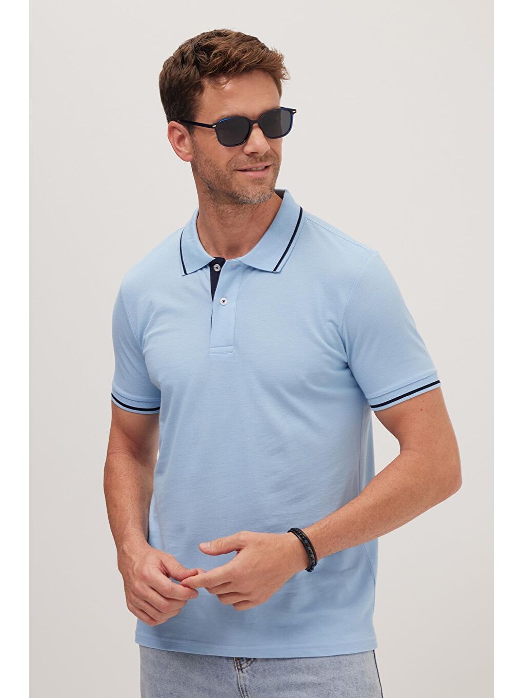 Erkek Slim Fit Dar Kesim %100 Pamuk Yumuşak Dokulu Serin Tutan Kumaş Düz Pike Mavi Polo Yaka Tişört-6