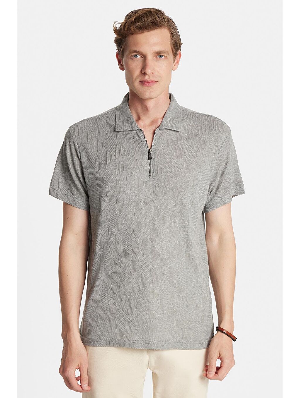 Erkek Slim Fit Dar Kesim Viskon Fermuarlı Polo Yaka Gri Tişört