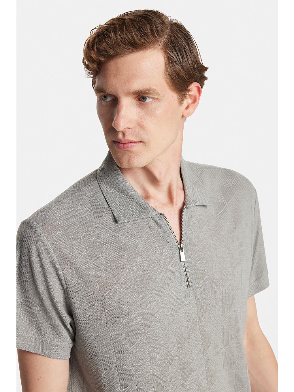 Erkek Slim Fit Dar Kesim Viskon Fermuarlı Polo Yaka Gri Tişört-1