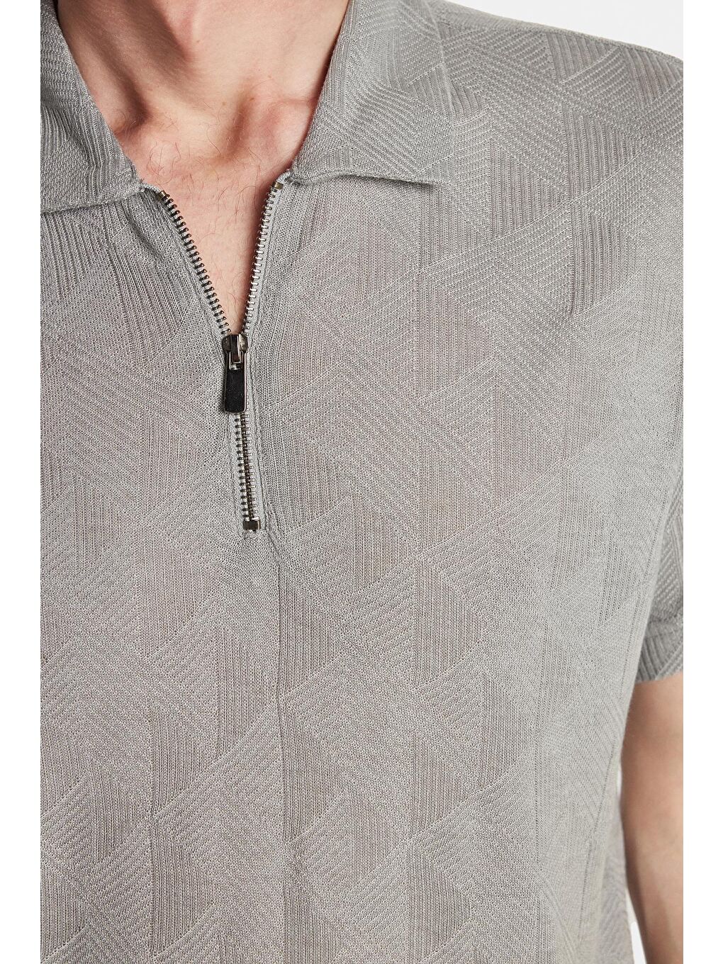 Erkek Slim Fit Dar Kesim Viskon Fermuarlı Polo Yaka Gri Tişört-2