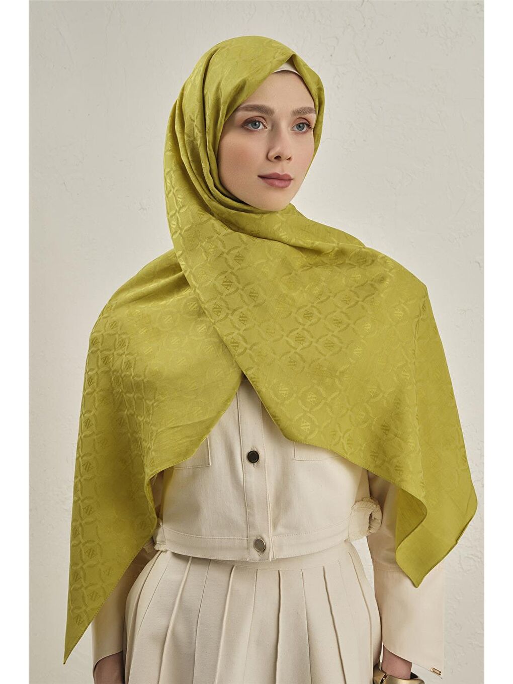 Sarı Pamuk Floş Monogram Zincir Şal 1 54-1