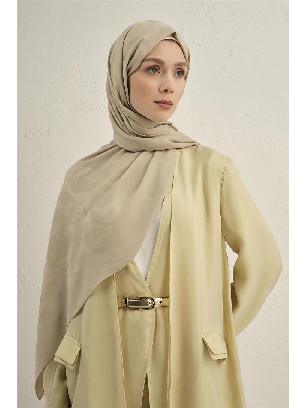 Ekru Lyocell Viscon Dalga Desen Şal 1 17-1