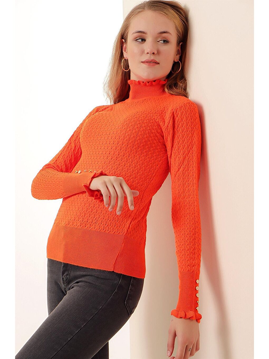 15786 Düğmeli Balıkçı Yaka Kazak - Turuncu-4