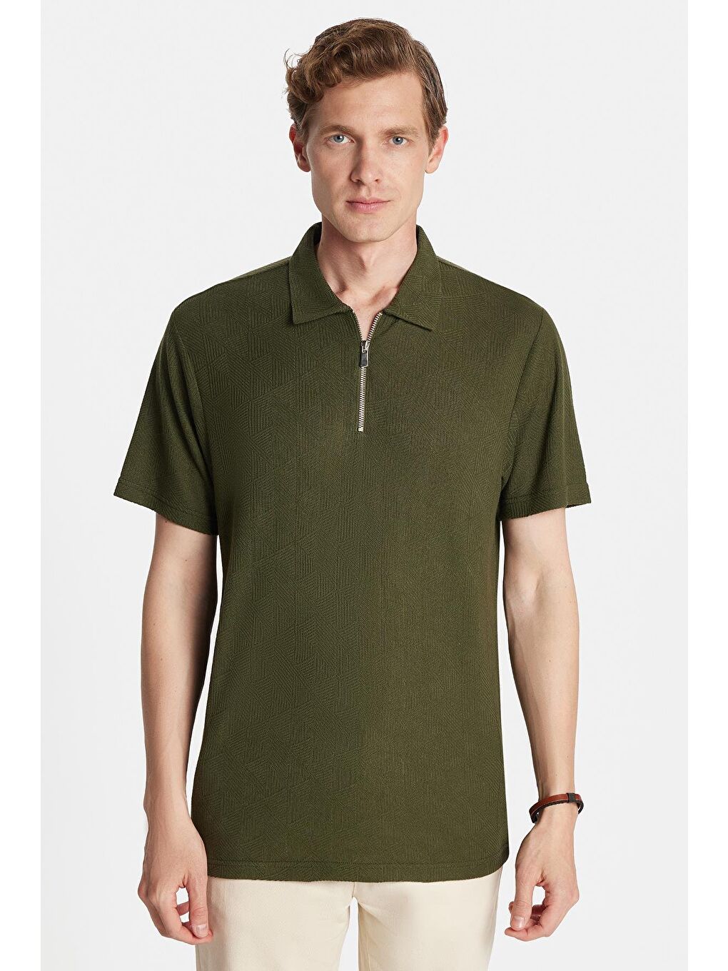 Erkek Slim Fit Dar Kesim Viskon Fermuarlı Polo Yaka Koyu Haki Tişört-3