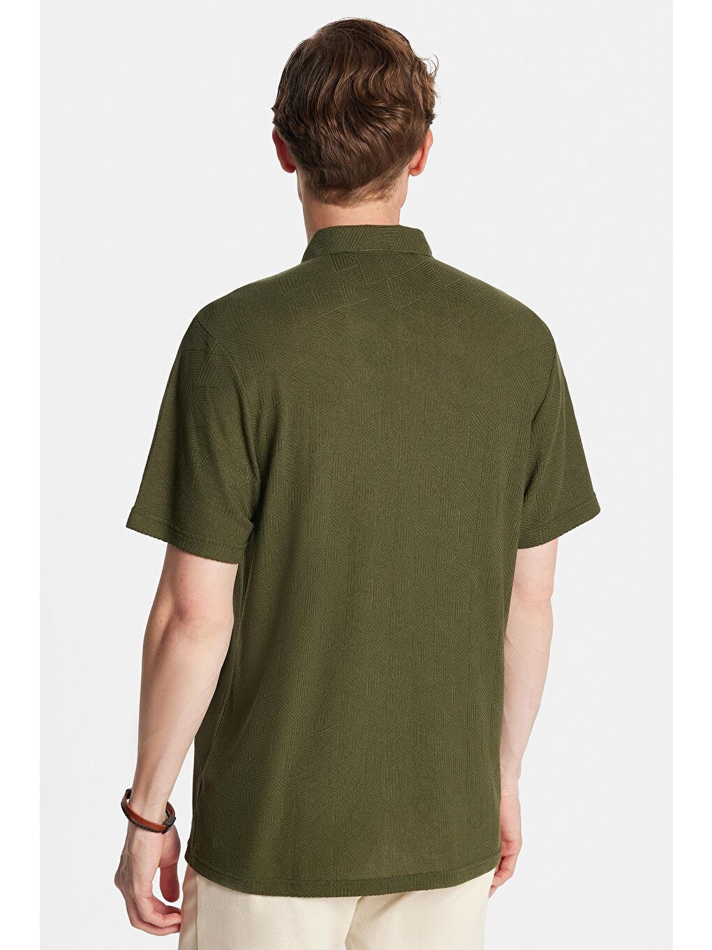 Erkek Slim Fit Dar Kesim Viskon Fermuarlı Polo Yaka Koyu Haki Tişört-4