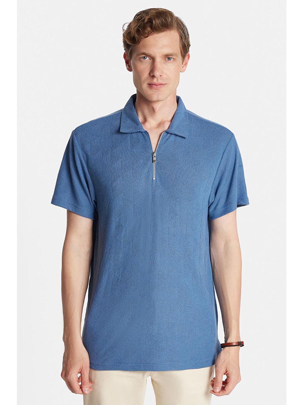 Erkek Slim Fit Dar Kesim Viskon Fermuarlı Polo Yaka Mavi Tişört