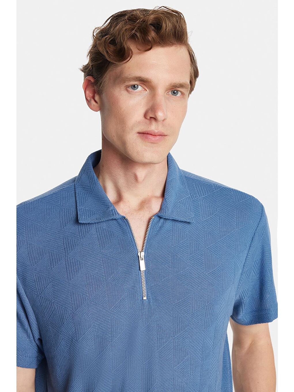 Erkek Slim Fit Dar Kesim Viskon Fermuarlı Polo Yaka Mavi Tişört-1