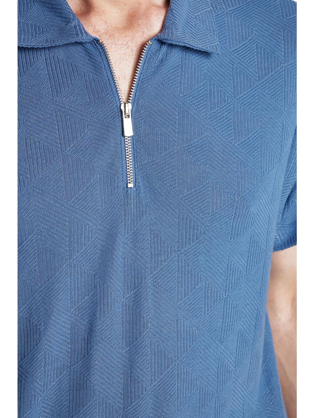 Erkek Slim Fit Dar Kesim Viskon Fermuarlı Polo Yaka Mavi Tişört-2