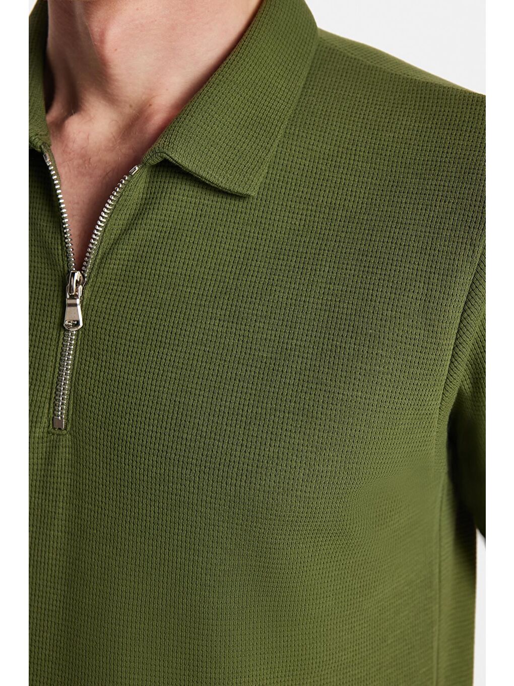 Erkek Slim Fit Dar Kesim %100 Pamuk Fermuarlı Yeşil Polo Yaka Tişört-2