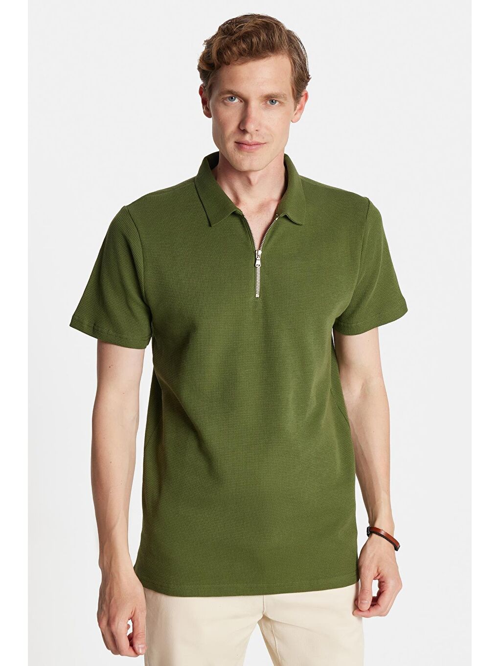 Erkek Slim Fit Dar Kesim %100 Pamuk Fermuarlı Yeşil Polo Yaka Tişört-3