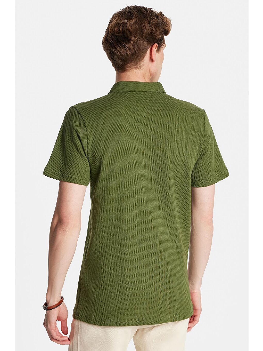 Erkek Slim Fit Dar Kesim %100 Pamuk Fermuarlı Yeşil Polo Yaka Tişört-4