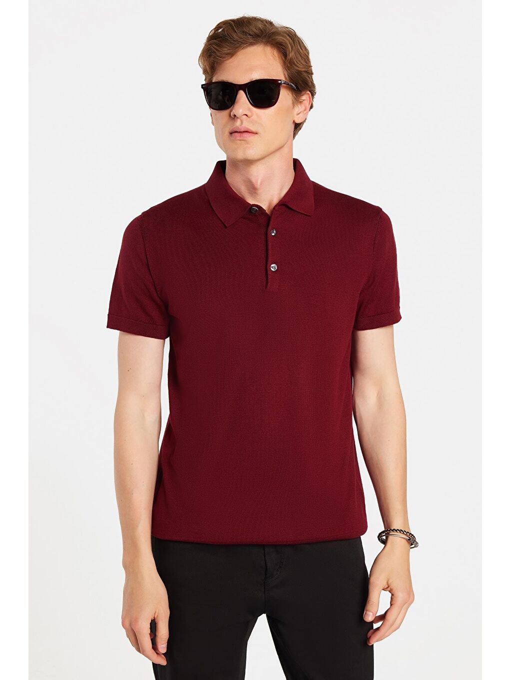 Erkek Slim Fit Dar Kesim Pamuklu Örme Triko Bordo Polo Yaka Tişört