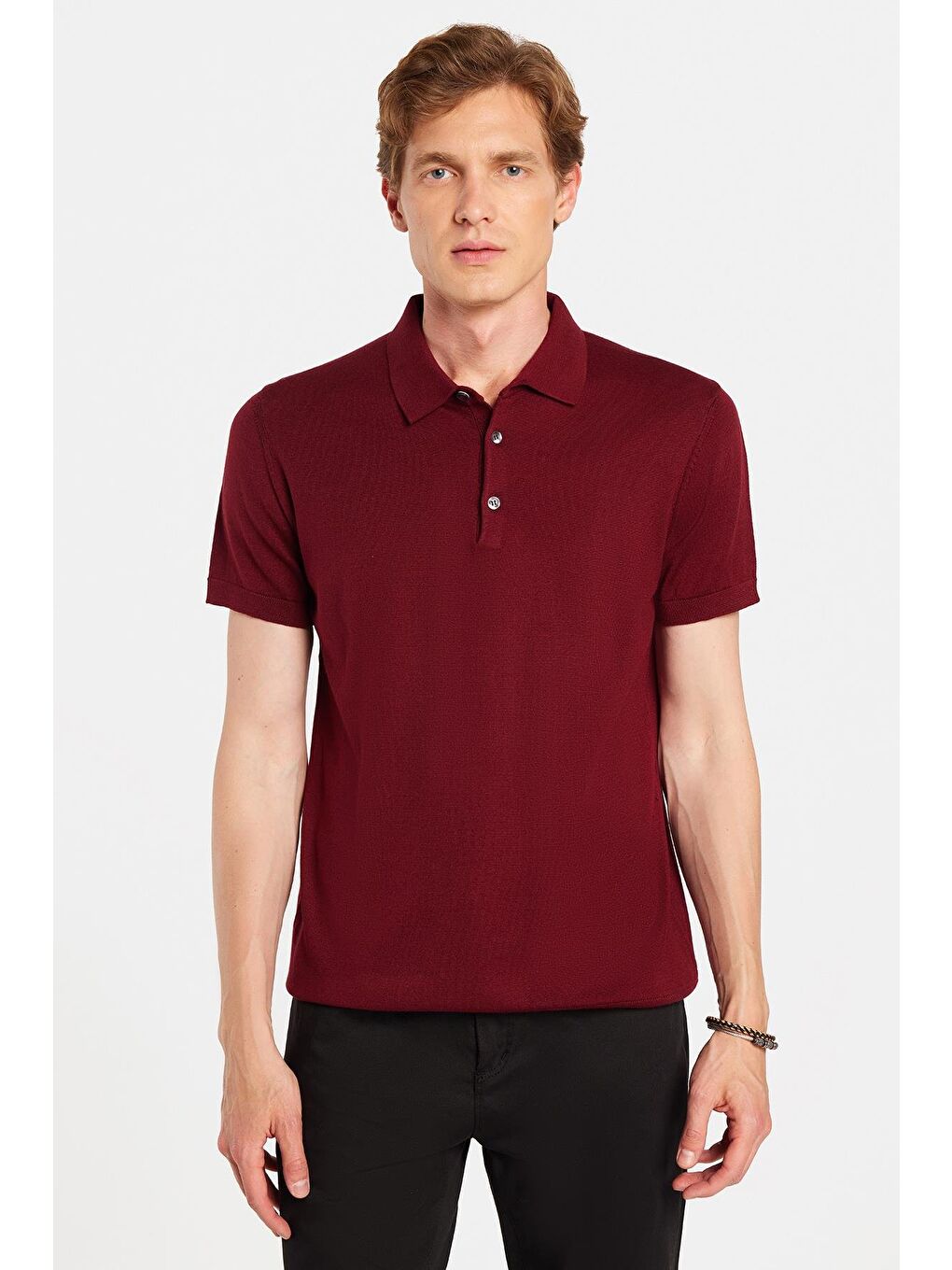 Erkek Slim Fit Dar Kesim Pamuklu Örme Triko Bordo Polo Yaka Tişört-3