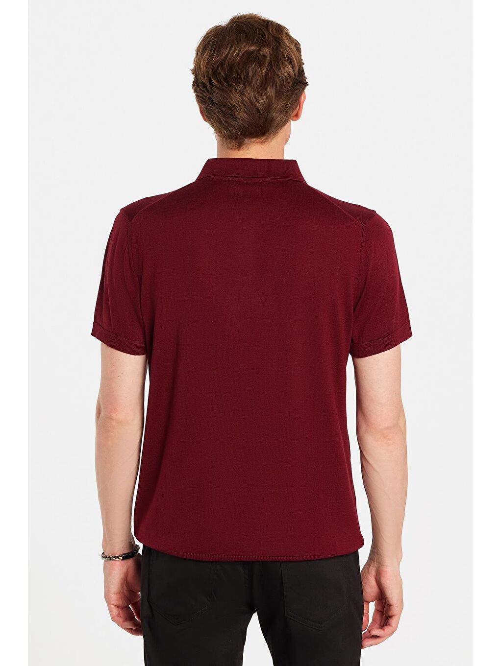Erkek Slim Fit Dar Kesim Pamuklu Örme Triko Bordo Polo Yaka Tişört-4
