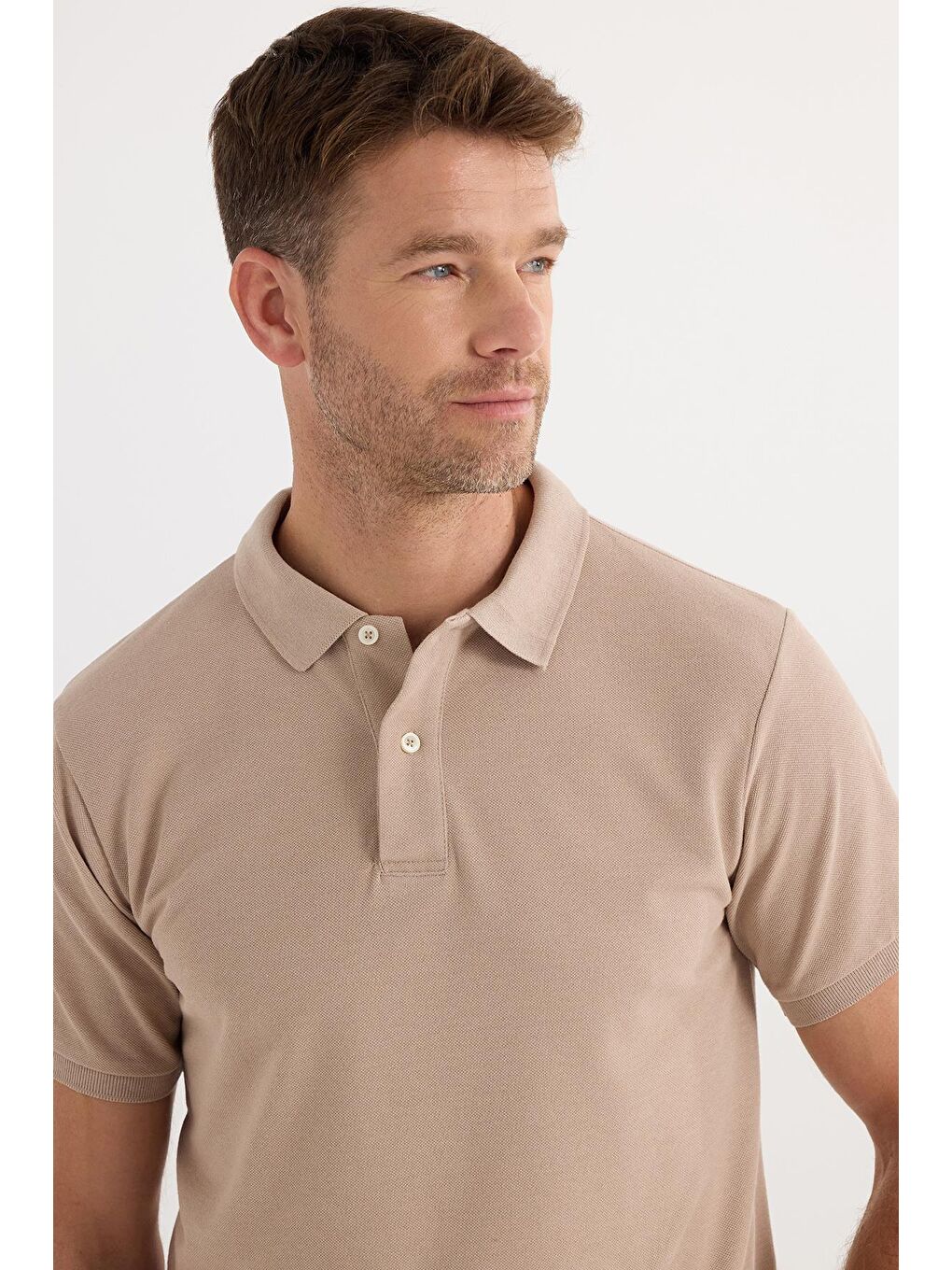 Erkek Slim Fit Dar Kesim Pamuklu Yumuşak Dokulu Serin Tutan Kumaş Düz Pike Bej Polo Yaka Tişört-1