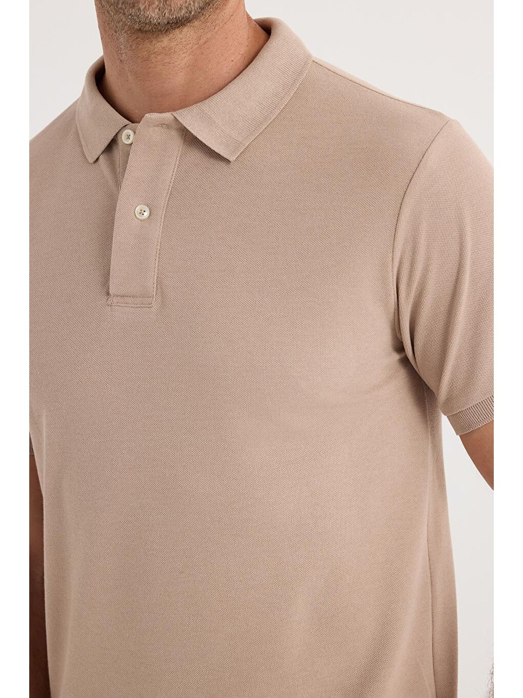 Erkek Slim Fit Dar Kesim Pamuklu Yumuşak Dokulu Serin Tutan Kumaş Düz Pike Bej Polo Yaka Tişört-2