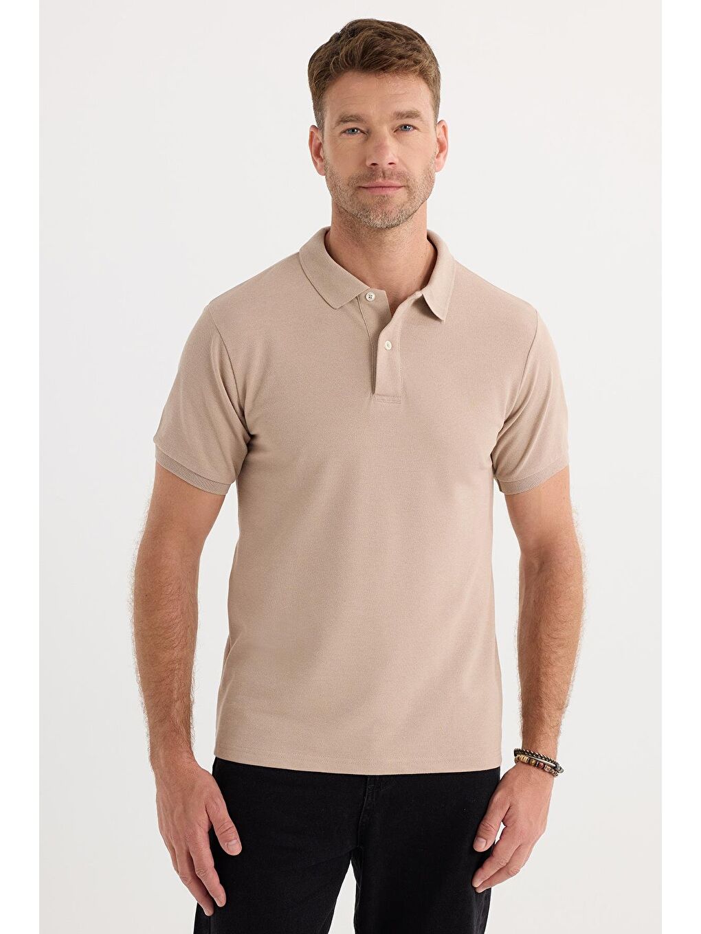 Erkek Slim Fit Dar Kesim Pamuklu Yumuşak Dokulu Serin Tutan Kumaş Düz Pike Bej Polo Yaka Tişört-3