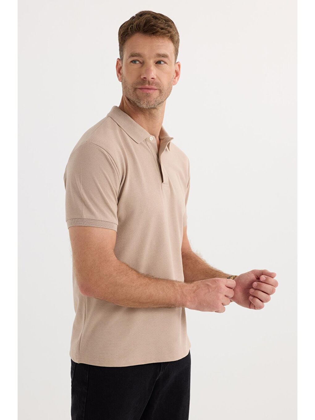 Erkek Slim Fit Dar Kesim Pamuklu Yumuşak Dokulu Serin Tutan Kumaş Düz Pike Bej Polo Yaka Tişört-4