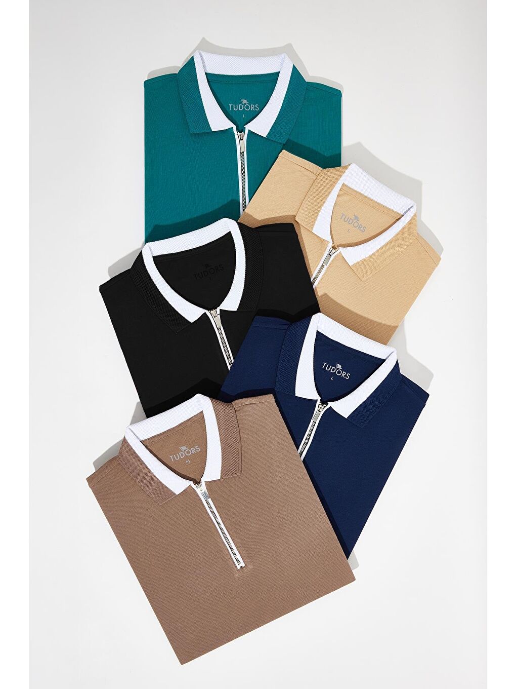 Karışık Erkek 5'Li Paket Lacivert-Siyah-Vizon-Yeşil-Kum Slim Fit Pamuklu Düz Fermuarlı Pike Polo Yaka Tişört