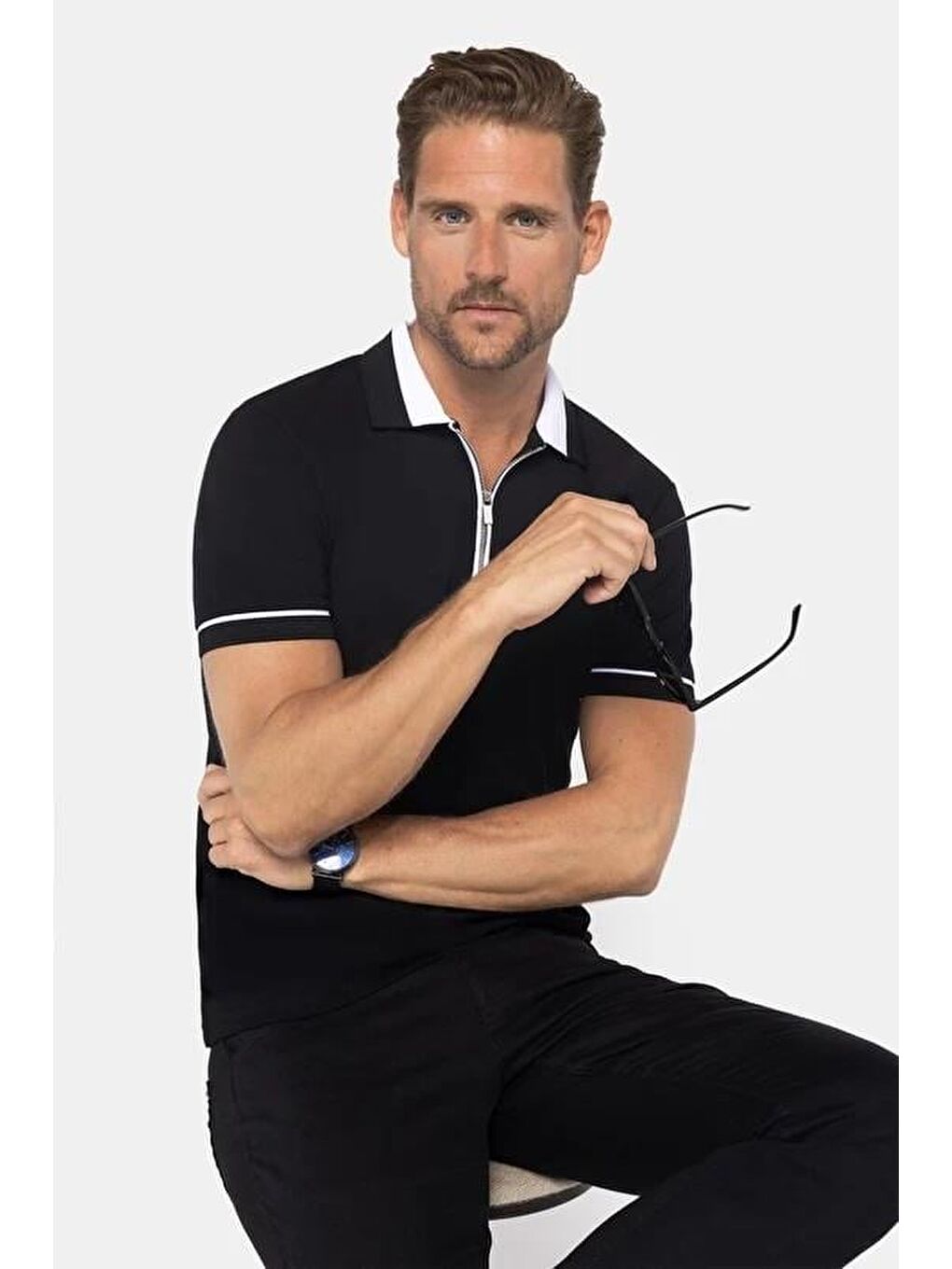 Karışık Erkek 5'Li Paket Lacivert-Siyah-Vizon-Yeşil-Kum Slim Fit Pamuklu Düz Fermuarlı Pike Polo Yaka Tişört-1