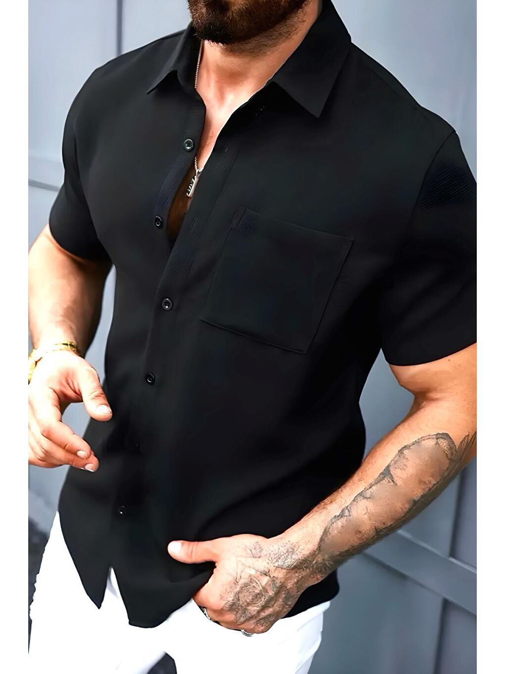 Siyah Theo Slim Fit Esnek Elastanlı Kısa Kol Ayaklı Yaka Erkek Gömlek-1