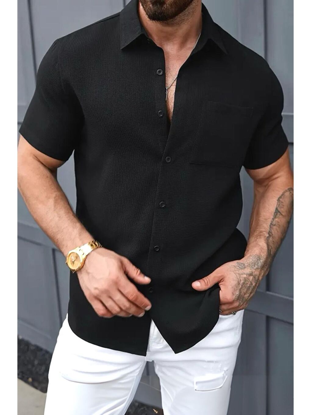 Siyah Theo Slim Fit Esnek Elastanlı Kısa Kol Ayaklı Yaka Erkek Gömlek-2