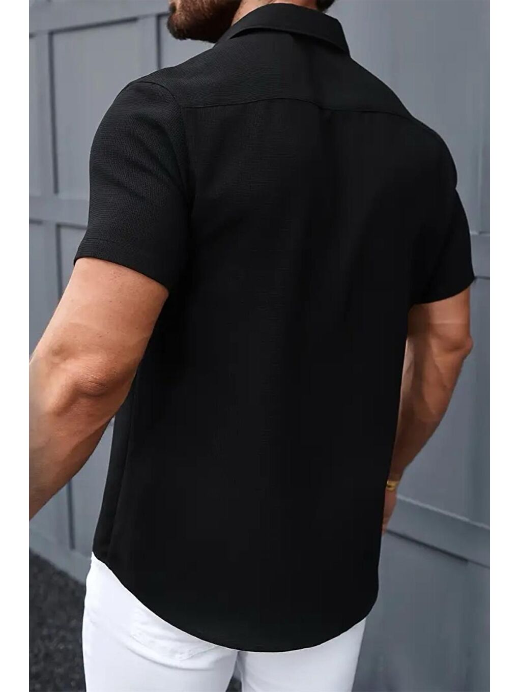 Siyah Theo Slim Fit Esnek Elastanlı Kısa Kol Ayaklı Yaka Erkek Gömlek-3