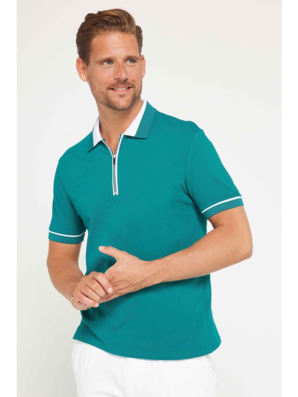 Karışık Erkek 5'Li Paket Lacivert-Siyah-Vizon-Yeşil-Kum Slim Fit Pamuklu Düz Fermuarlı Pike Polo Yaka Tişört-5