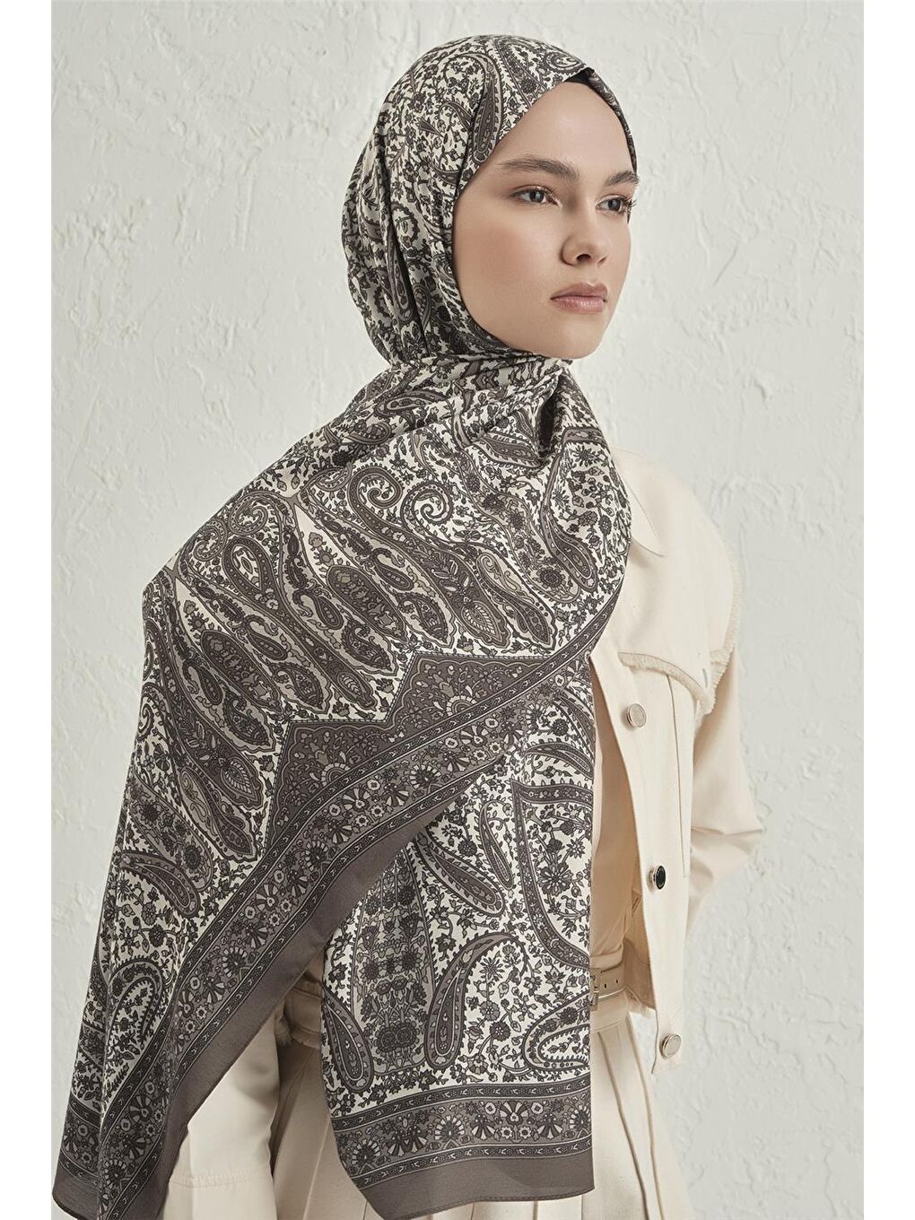 Ekru Premium Pure Etnik Desen Şal 4 01-1