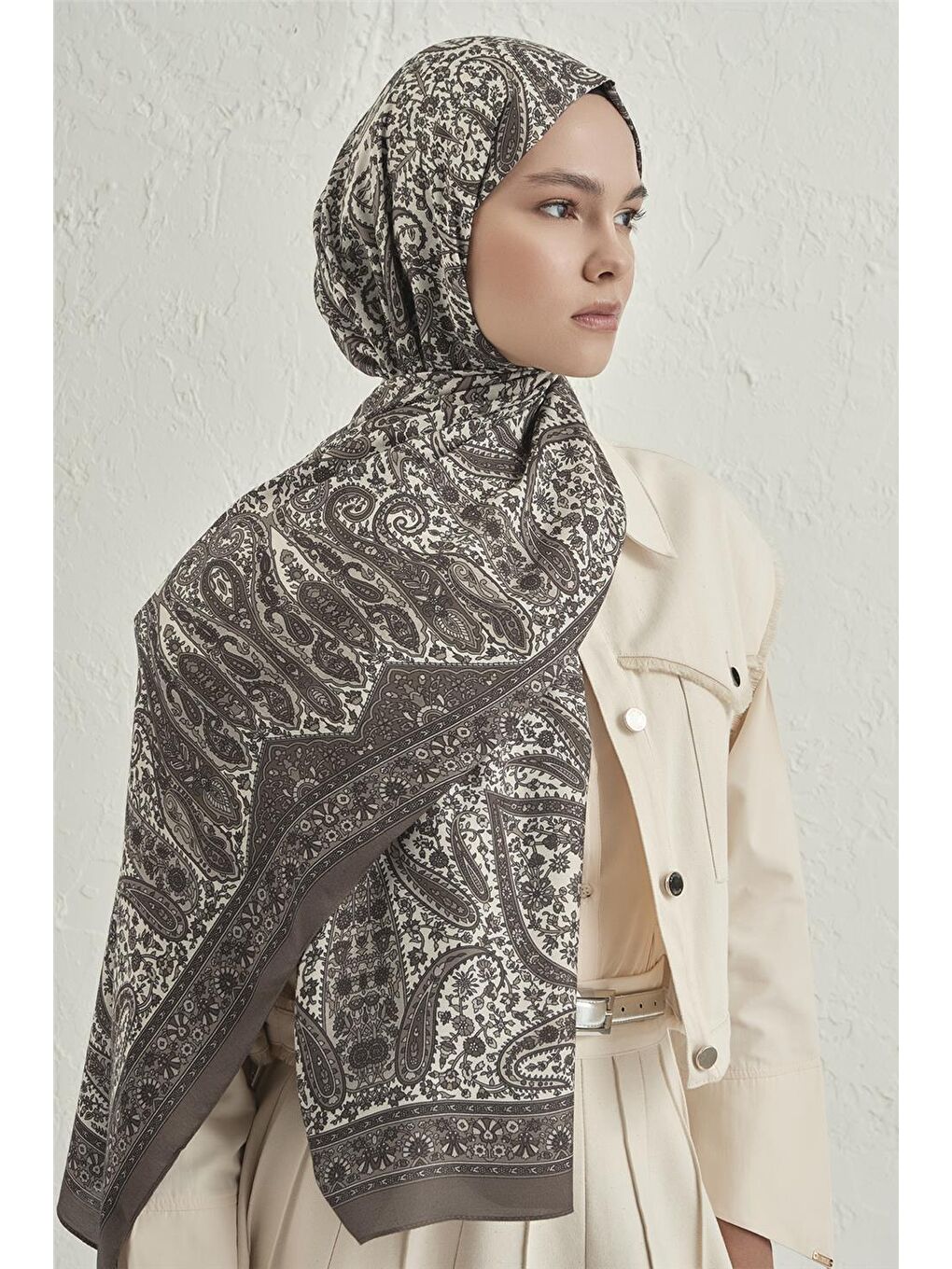 Ekru Premium Pure Etnik Desen Şal 4 01-2