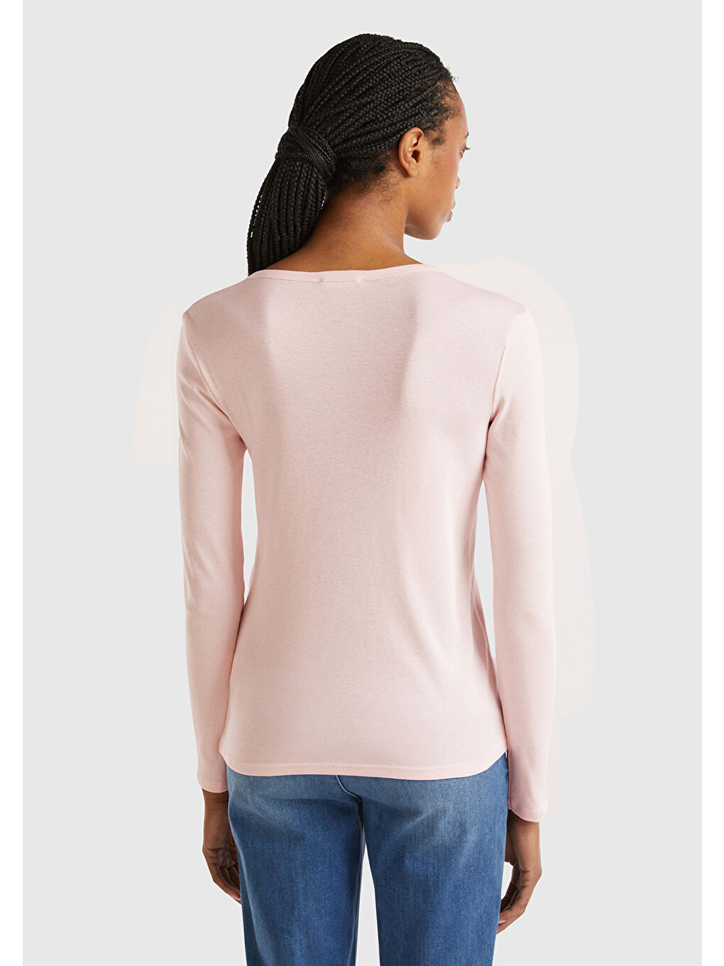 Kadın Toz Pembe Basic Bisiklet Yaka Uzun Kollu Tişört-2