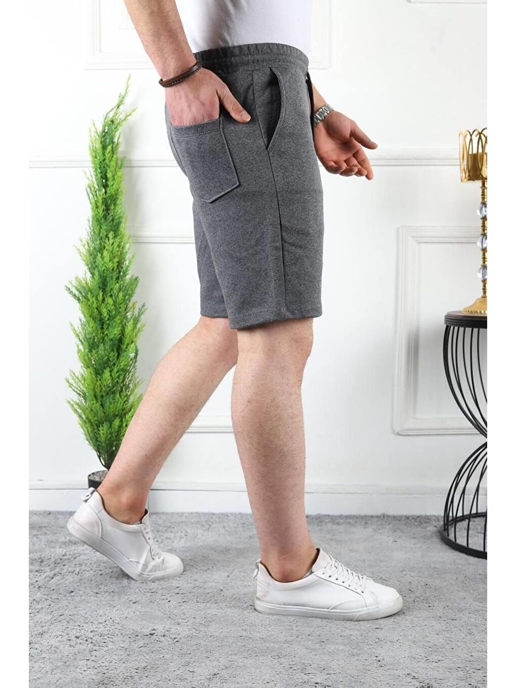 Gri Erkek Üç Iplik Compack Penye Bel Lastikli Slim Fit Kapri-1