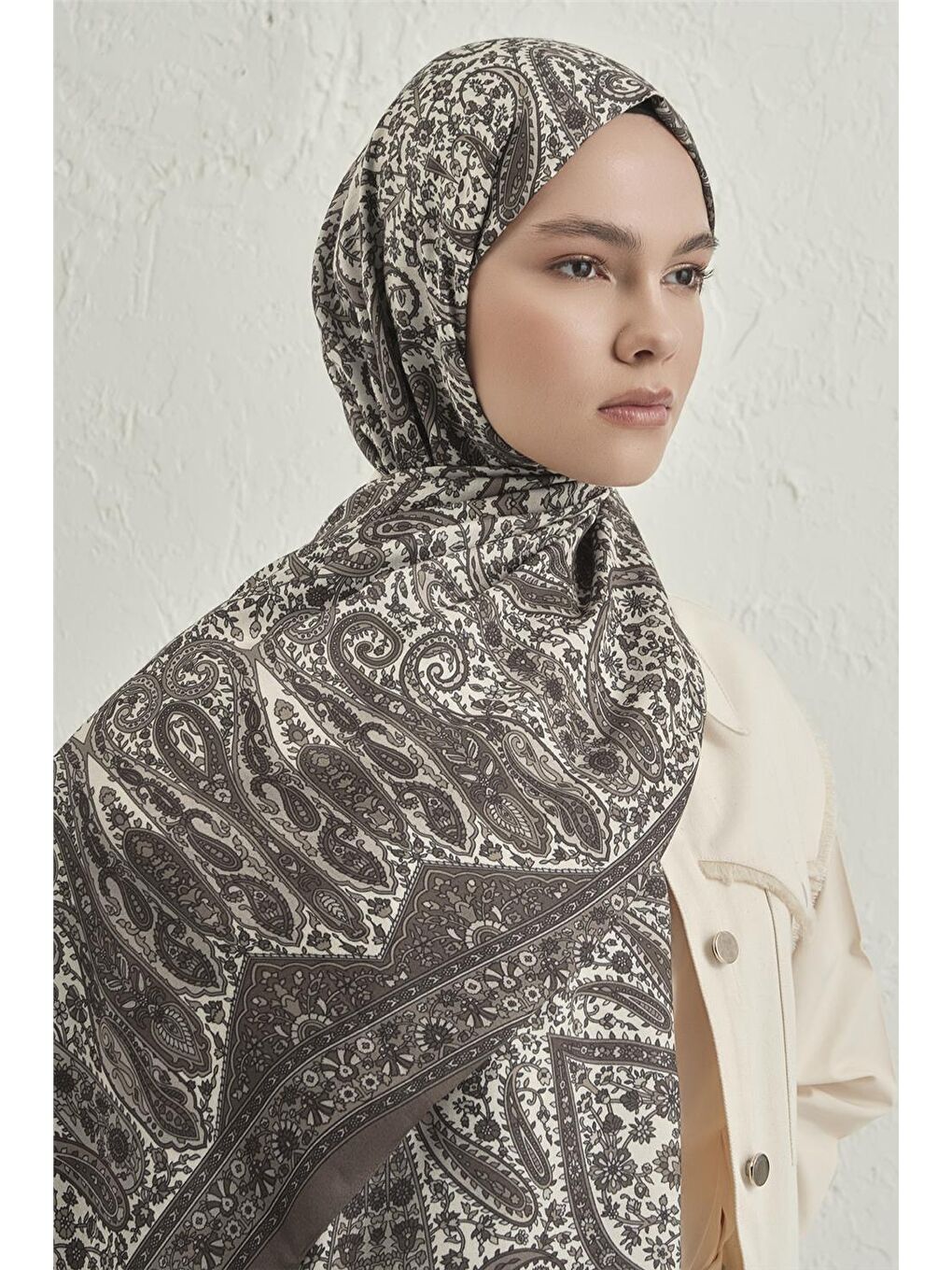 Ekru Premium Pure Etnik Desen Şal 4 01-3